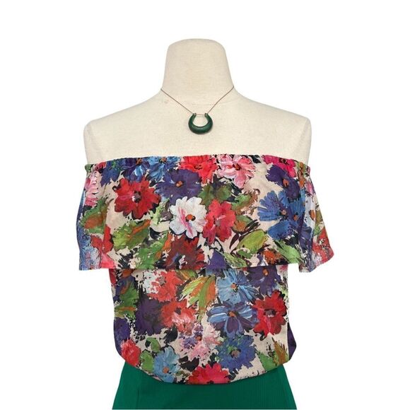 Vibrant Vintage 70s Flower Power Ruffle Could Shoulder Flouncy Floral Print Top - Picture 6 of 10